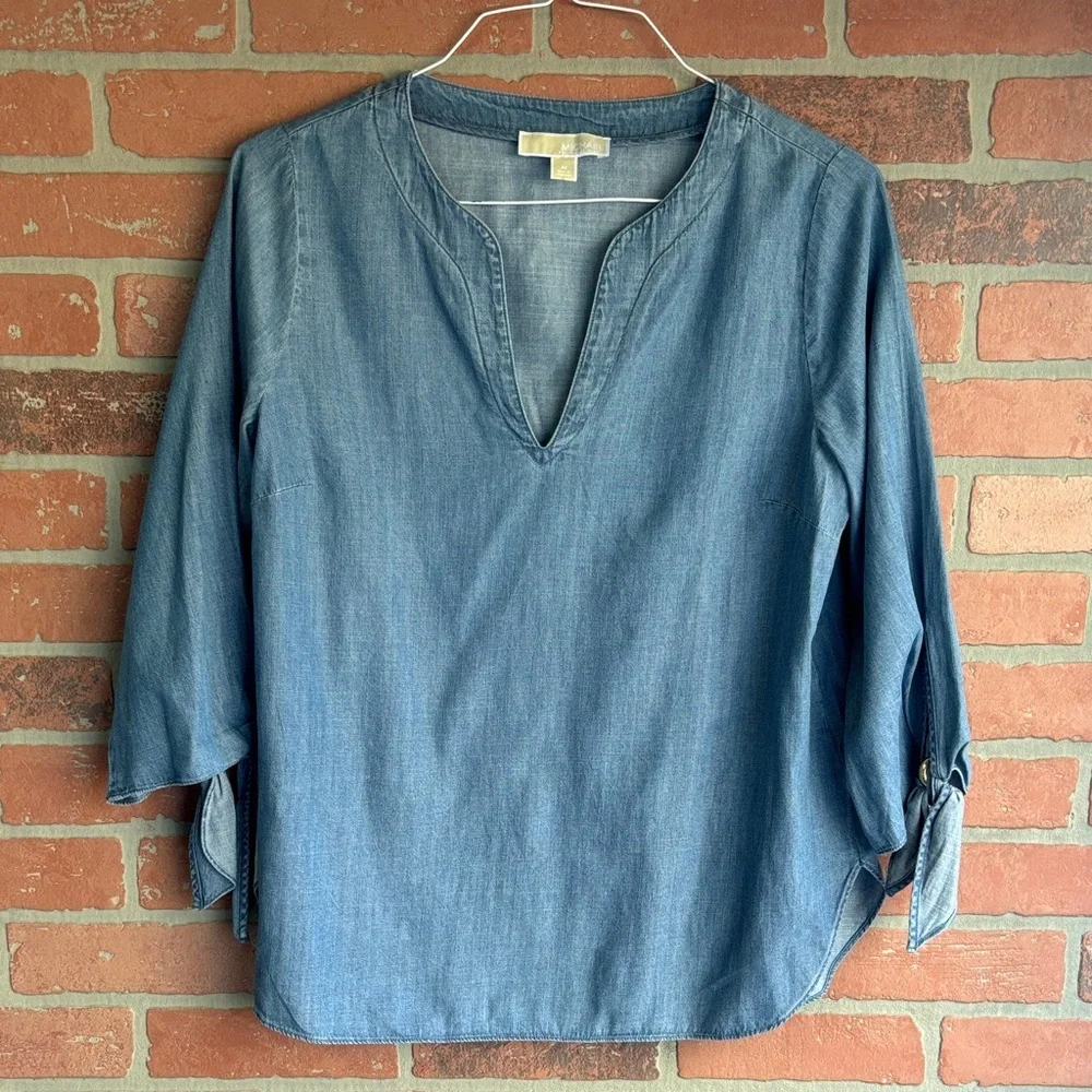 Michael Kors Chambray Boho Blouse 3/4 Tie Sleeve Large Split V-Neck Pull-On Blue